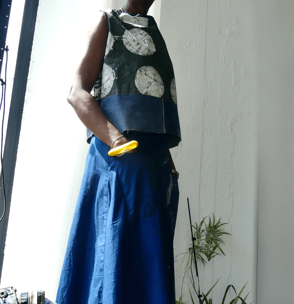 Top - Green Batik trimmed with Denim - Ariike Ruban Studio