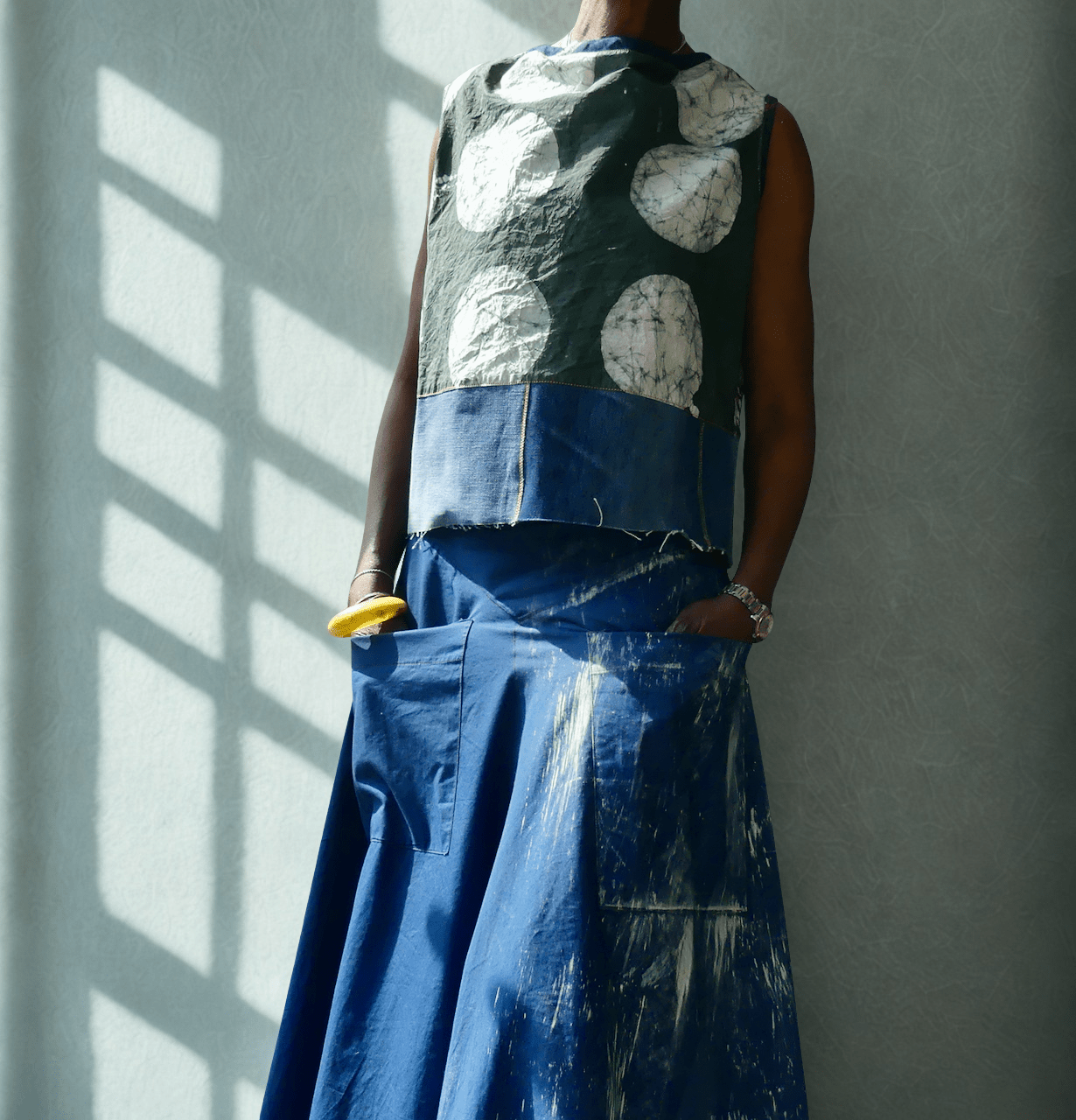 Top - Green Batik trimmed with Denim - Ariike Ruban Studio