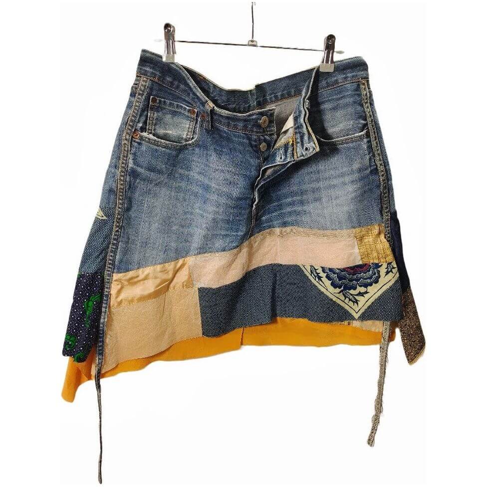 Reworked 501 Short Skirt with Silk and Cotton Print 36" WAIST - Ariike Ruban Studio