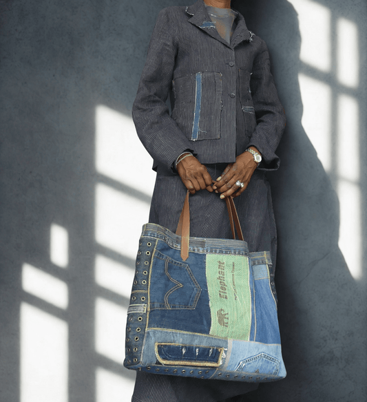 Upcycled Jeans Tote Bag with Studded Details - Ariike Ruban Studio