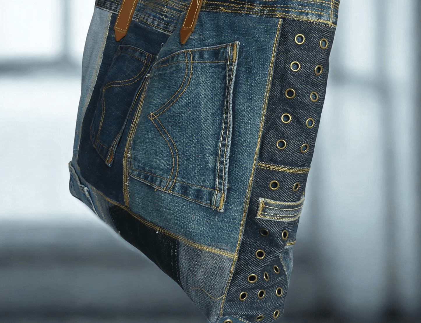 Upcycled Jeans Tote Bag with Studded Details - Ariike Ruban Studio