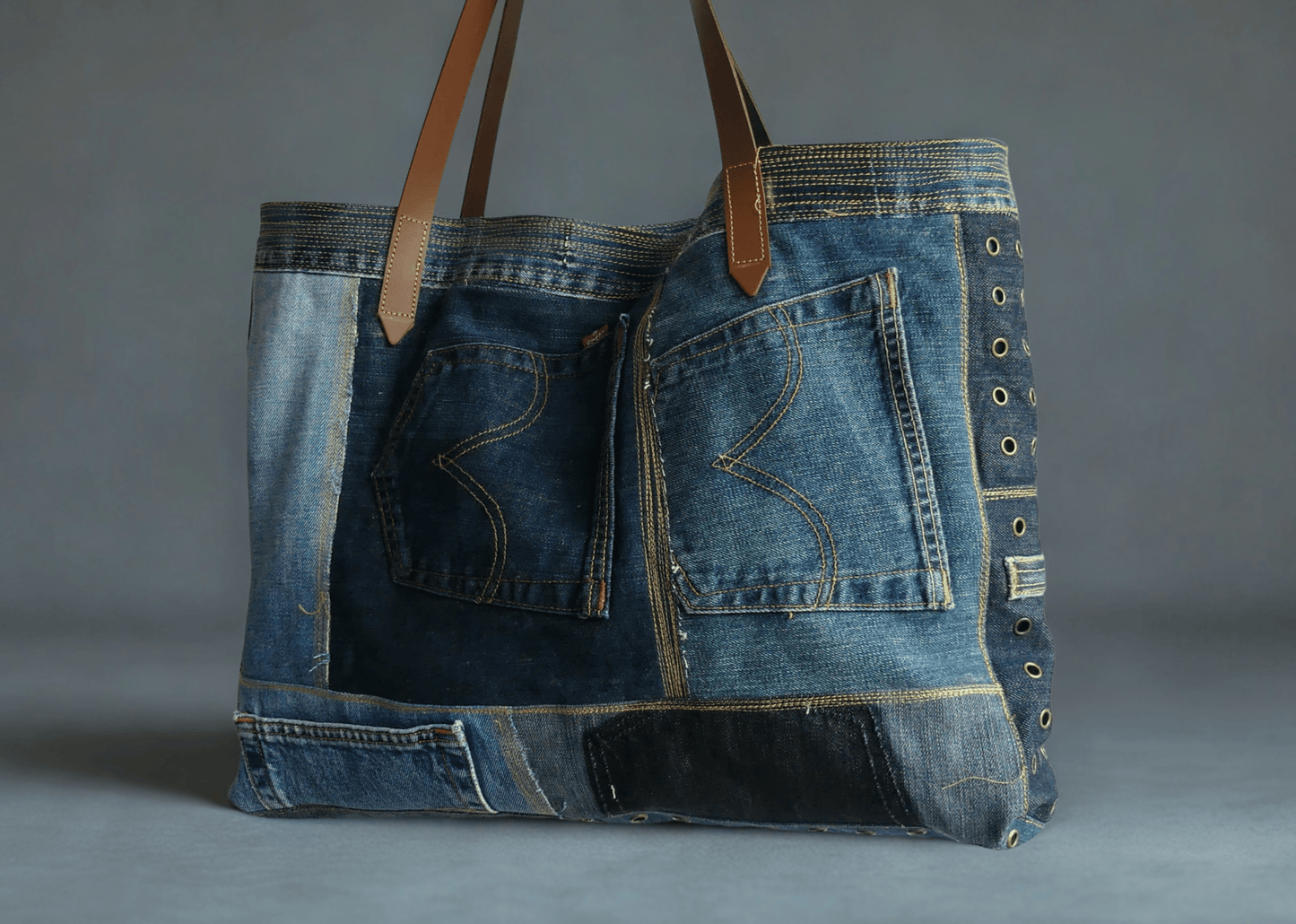 Upcycled Jeans Tote Bag with Studded Details - Ariike Ruban Studio