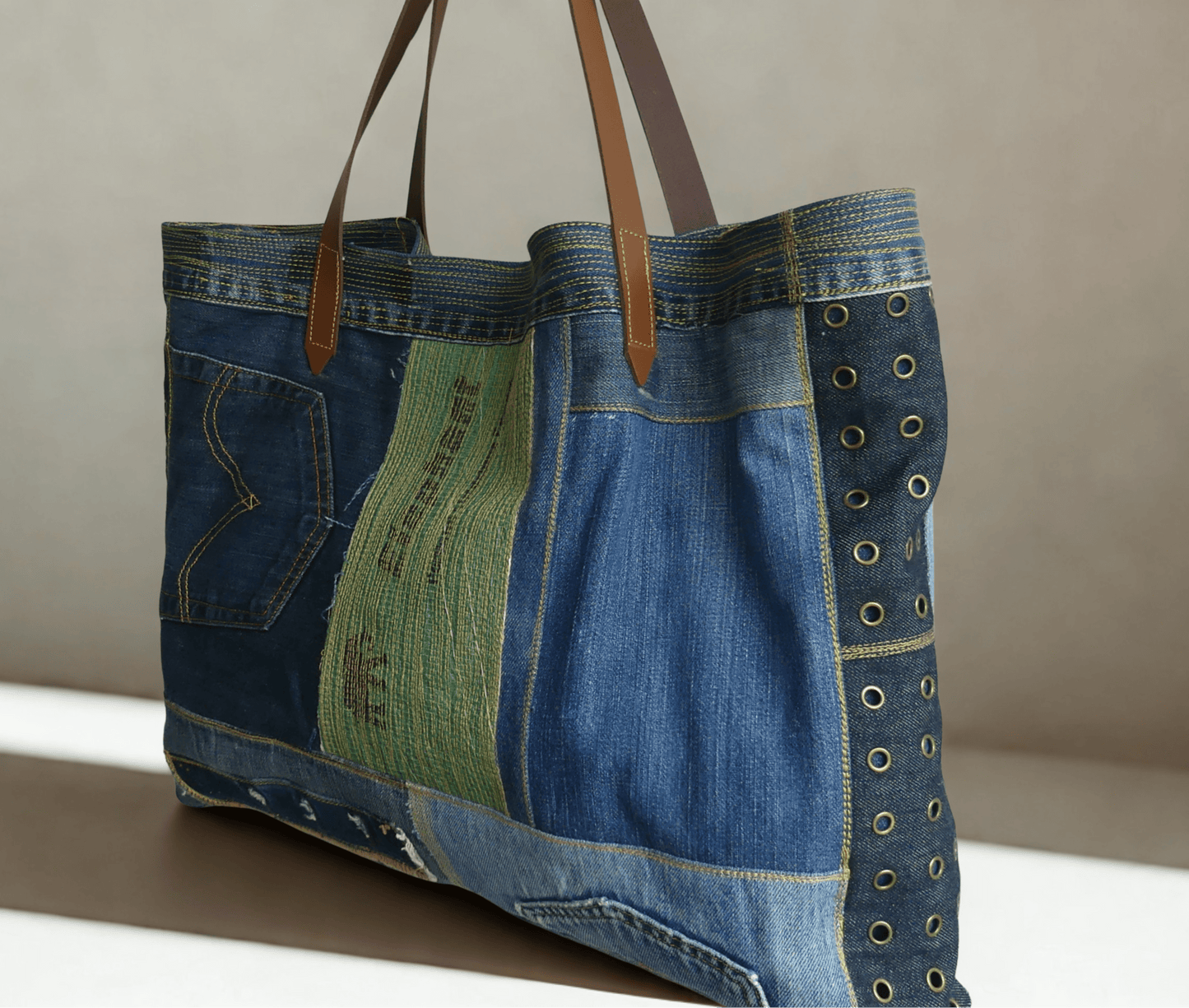 Upcycled Jeans Tote Bag with Studded Details - Ariike Ruban Studio