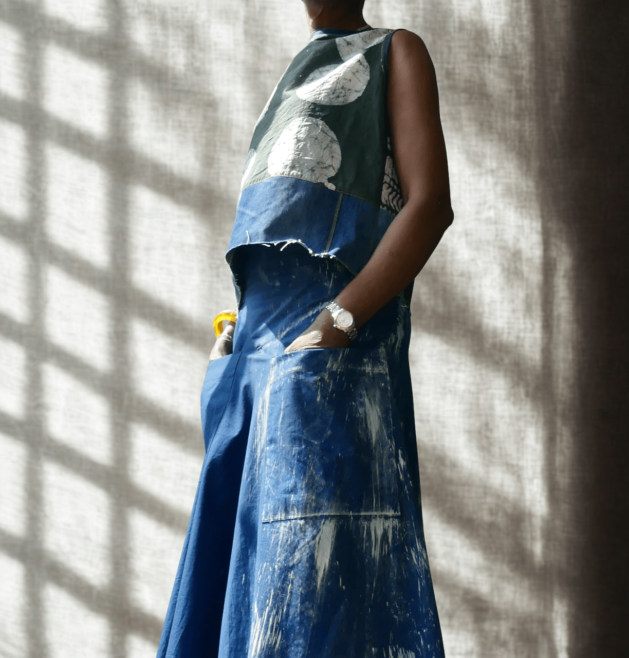 Top - Green Batik trimmed with Denim - Ariike Ruban Studio
