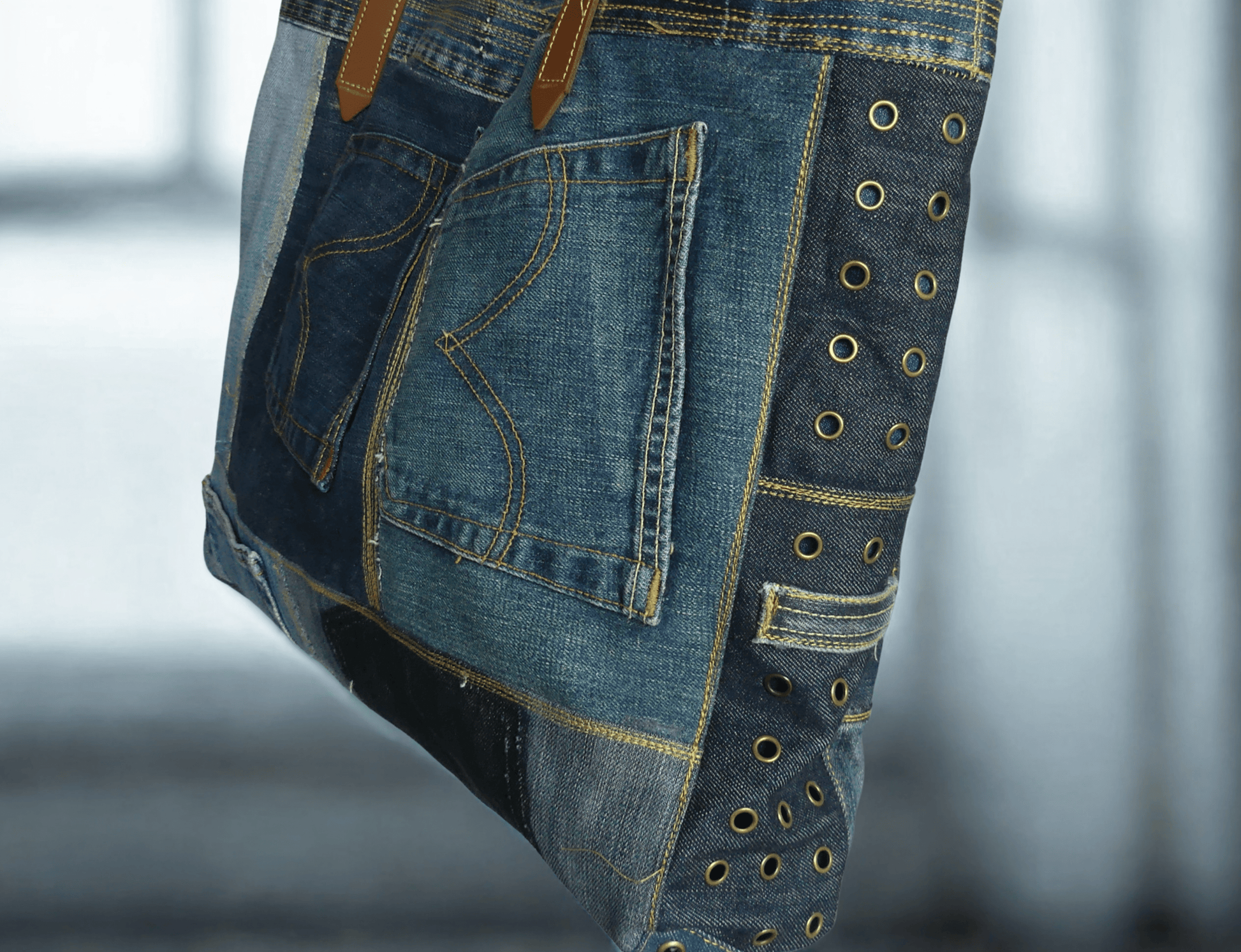 Upcycled Jeans Tote Bag with Studded Details - Ariike Ruban Studio