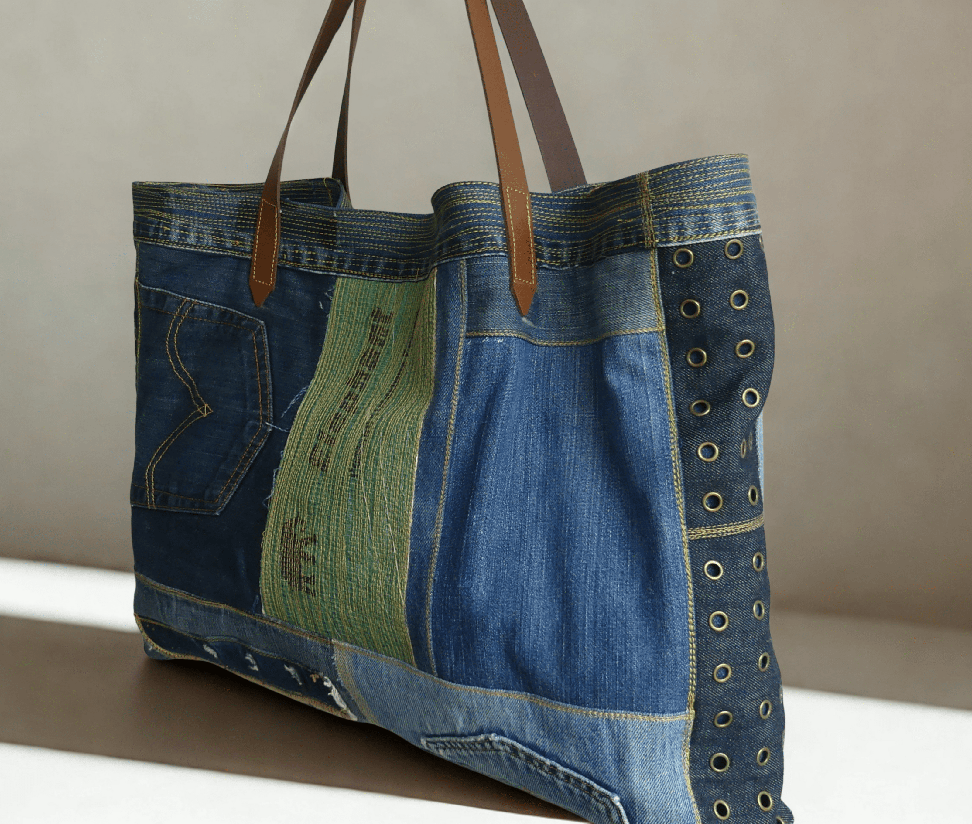 Upcycled Jeans Tote Bag with Studded Details - Ariike Ruban Studio