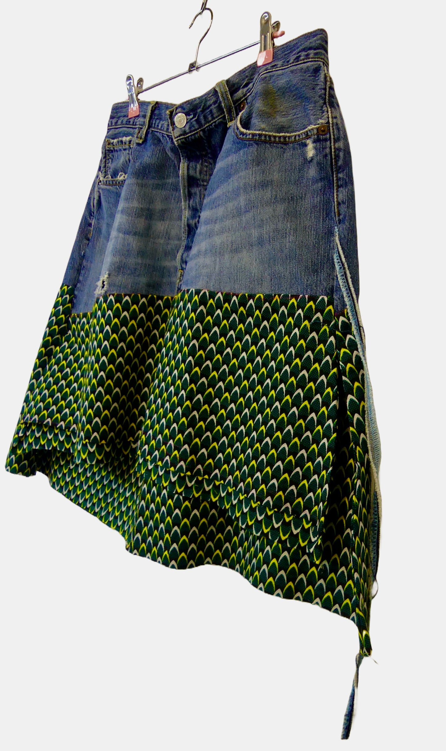 Reworked 501 Jeans Knee length Skirt with Print fabric 36" WAIST