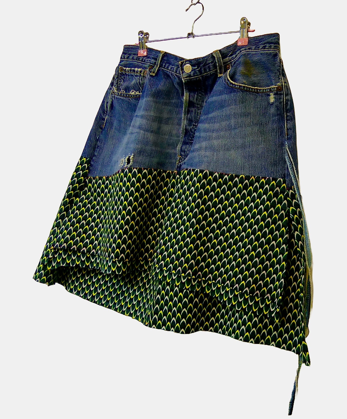 Reworked 501 Jeans Knee length Skirt with Print fabric 36" WAIST