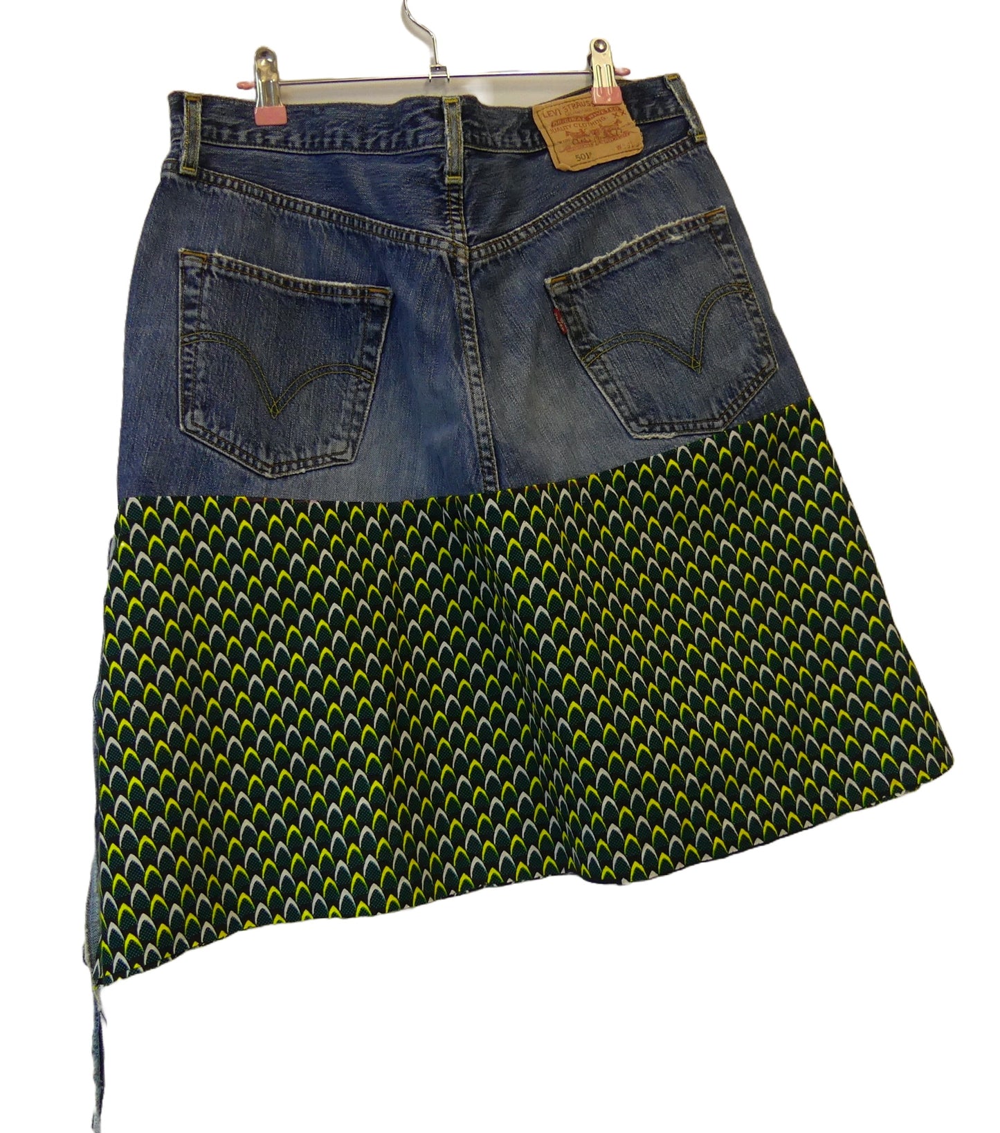 Reworked 501 Jeans Knee length Skirt with Print fabric 36" WAIST