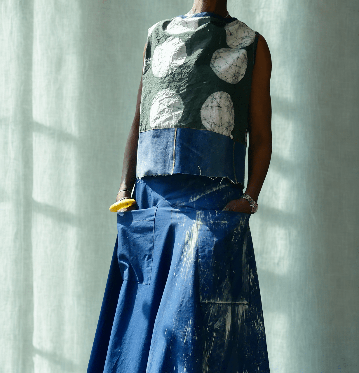 Top - Green Batik trimmed with Denim - Ariike Ruban Studio