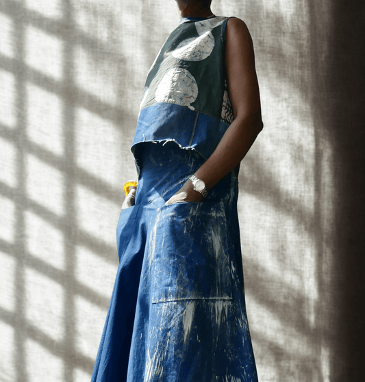 Top - Green Batik trimmed with Denim - Ariike Ruban Studio